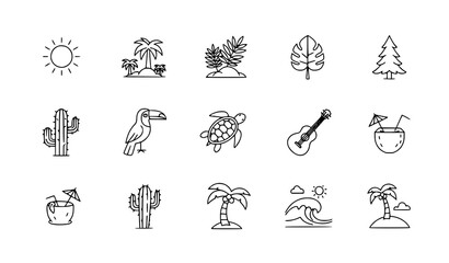 Linear tropical icon pack with sun jungle toucan turtle and summer nature elements for UI design © Shukimon