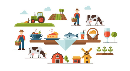 Fototapeta premium Farm to Table Concept: Agriculture, Rural Life, and Fresh Food Production Illustration