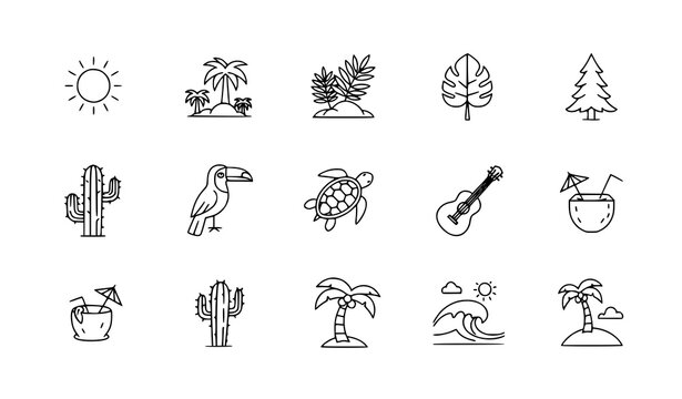 Linear tropical icon pack with sun jungle toucan turtle and summer nature elements for UI design