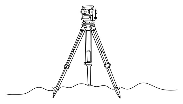Continuous line art of a professional total station on a tripod for surveying