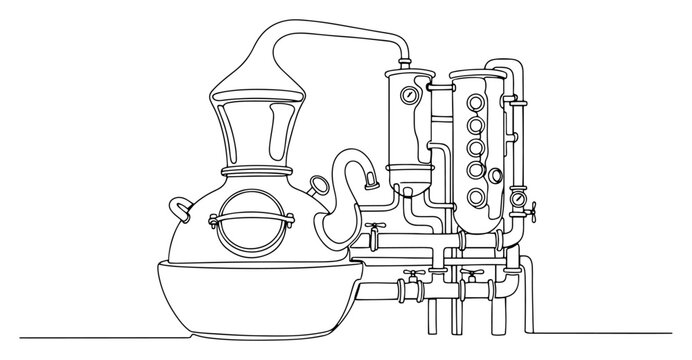 One line drawing of a complex industrial whiskey distillery pot still with pipes and pressure gauges