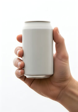 Hand holding a white can with a blank label isolated on white background