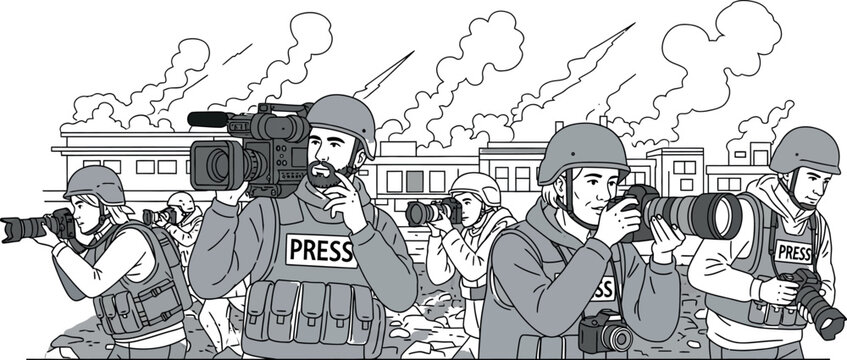 Group of dedicated war correspondents wearing protective vests and helmets diligently documenting conflict zones with cameras and video equipment