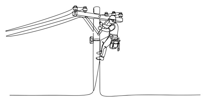 Continuous line drawing of a lineman electrician working on a utility pole repairing power lines