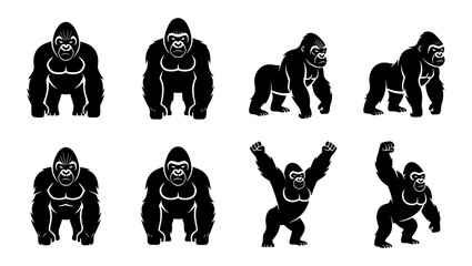 Powerful gorilla silhouette collection, set of 8 silverback ape vector icons, muscular primate mascots in various poses for gym and sports branding © Robiul