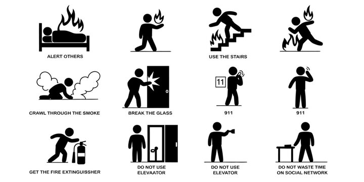 A collection of twelve simple black and white pictograms illustrating essential fire safety tips Vector, illustration