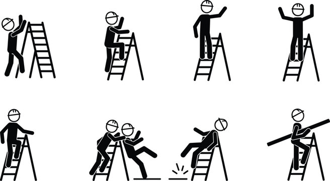 Safety Awareness Stick Figure Set Showing Proper and Dangerous Ladder Use with Construction Workers Falling Risking Injury and Following Correct Height Safety Protocols Workspace