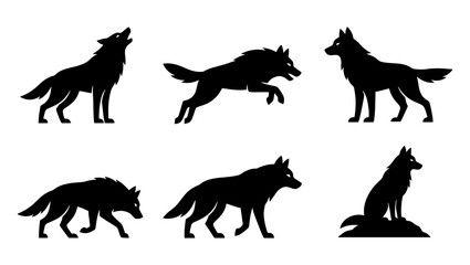 Wolf silhouette collection with 6 vector elements, howling and running wild wolf pack icons, black coyote and husky animal shapes for logos © Robiul