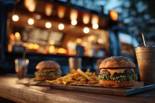 Juicy burgers and fries at night market