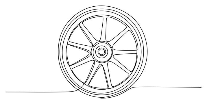 One line drawing of a vintage spoked wooden wagon wheel