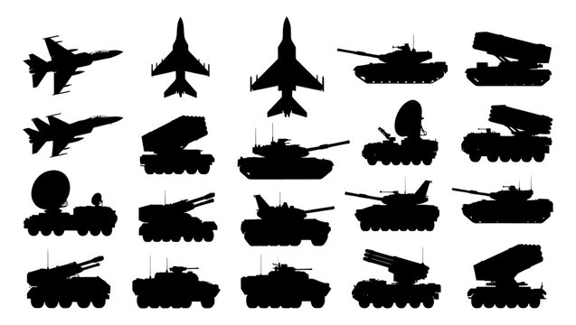 Military vehicle silhouettes set, 20 army tank and fighter jet icons, black war machine vector collection for tactical design and infographics