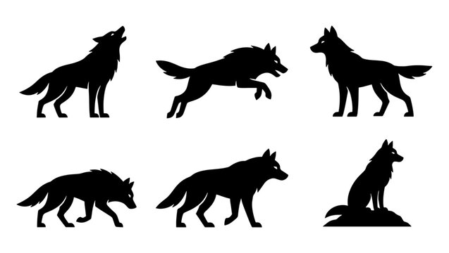 Wolf silhouette collection with 6 vector elements, howling and running wild wolf pack icons, black coyote and husky animal shapes for logos