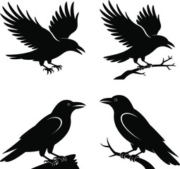 Naklejka premium Black silhouettes of crows on branches raven bird flying perched