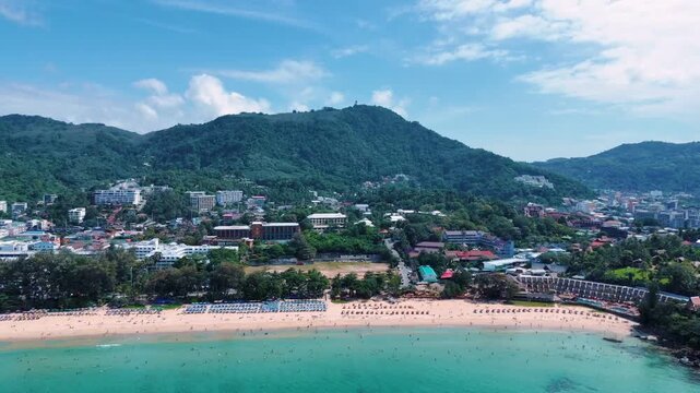 Aerial Karon Beach Phuket Thailand scenic tropical coastline island scene