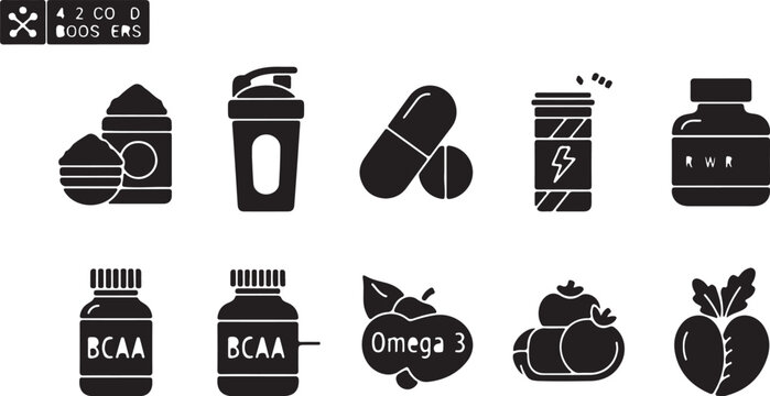 Black silhouette fitness supplements icon set, 42 boosters and sports nutrition elements vector, BCAA bottles and omega 3 capsules for bodybuilding isolated PNG with Transparent Background