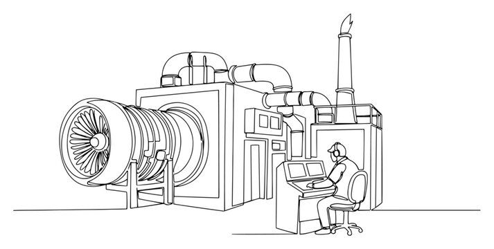 Continuous line drawing of a professional technician operating a control panel in an industrial turbine testing facility