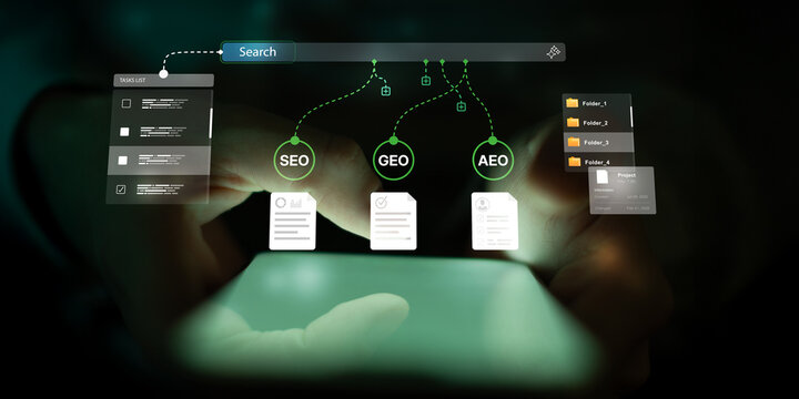 Website Search Optimization Dashboard Showing SEO GEO AEO Content Strategy and Ranking Monitoring.;