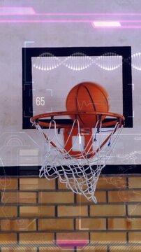 Basketball entering right edge, hitting rim and dropping through net in sports tech updating HUD