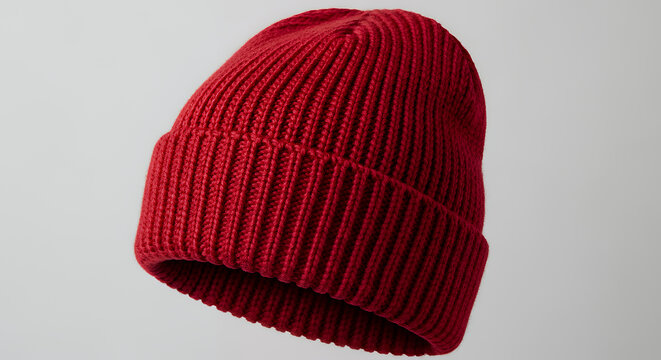 A close up product shot of a red beanie hat made of woven yarn against a plain background hat mockup mockup cap hat template fashion clothing baseball front sport isolated blank