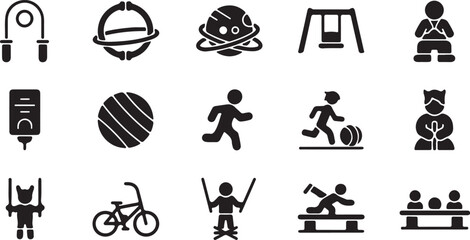 Obraz premium Minimalist playground and outdoor activity icons, 15 black vector elements for park recreation, children playing and sports equipment set isolated PNG with Transparent Background