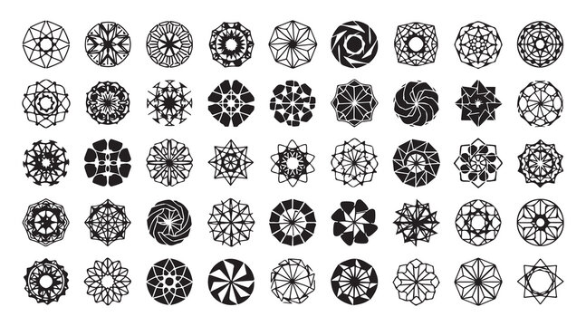 Geometric mandala icons set abstract circular kaleidoscope shapes for sacred geometry graphic designGeometric mandala icons set abstract circular kaleidoscope shapes for sacred geometry graphic design