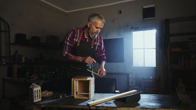 A man works on making a wooden box in a workshop. He uses tools and carefully measures parts on the table. Sunlight enters through a window and creates a warm atmosphere.
