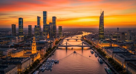 Fototapeta premium Aerial view of a modern cityscape at sunset with river and skyscrapers