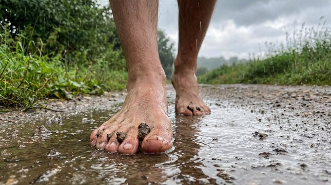 Low Angle View of Bare Feet Walking Through Wet Mud and Puddles During a Summer Rainstorm
