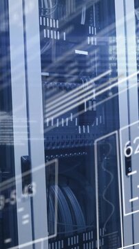 Vertical video: Camera panning across server cabinet glass, HUD labels marking ports for monitoring