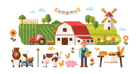 Fototapeta premium Charming Flat Design Farm Scene Illustration with Farmer, Barn, Animals, Tractor & Windmill. Rural Agriculture and Organic Harvest Concept.