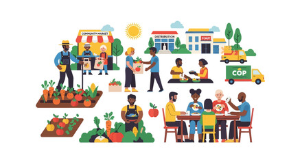 Fototapeta premium Sustainable Community Food System: Farm to Table, Market & Distribution Cycle Illustration