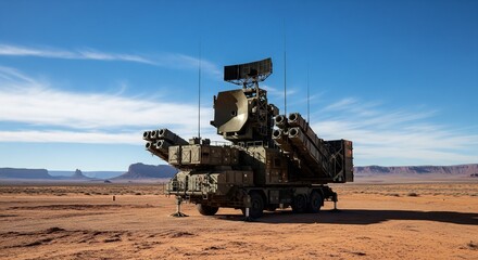 Fototapeta premium Powerful Mobile Air Defense Missile and Radar System Deployed in a Vast Arid Desert Under Clear Blue Sky