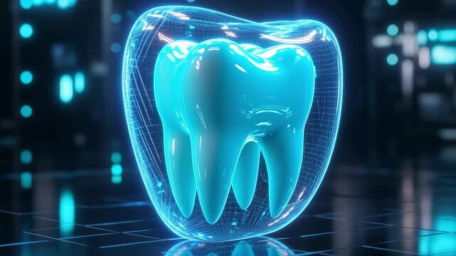Holographic tooth animation with digital transformation and futuristic technology elements