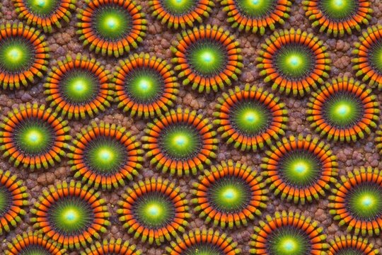 Zoanthids Coral Texture Seamless Pattern. Close-up zoa polyp surface detail. Marine coral colony design. Realistic zoanthid texture background. Detailed underwater macro close-up. Vibrant reef pattern