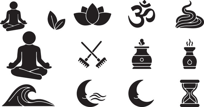 Zen meditation icon set, spiritual yoga symbols and wellness elements, black silhouette lotus and om signs, 13 vector icons for spa and mindfulness isolated PNG with Transparent Background
