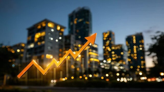 City skyline at sunset with glowing digital overlays showing rising home prices, red and orange upward arrows integrated into skyscrapers, selective focus on foreground apartment c