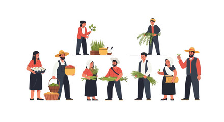 Fototapeta premium Diverse Farmers and Agricultural Workers Harvesting Fresh Produce, Plants, and Flowers - Sustainable Farming Community