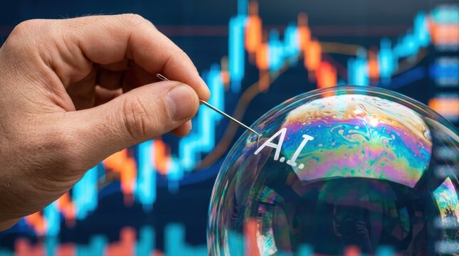 A hand holds a needle poised to pop a soap bubble with "A.I." written on it, against a backdrop of stock market charts.