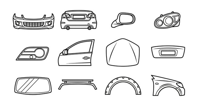 Detailed line art vector icons showcasing a diverse range of exterior automobile parts, ideal for vehicle service and repair concepts