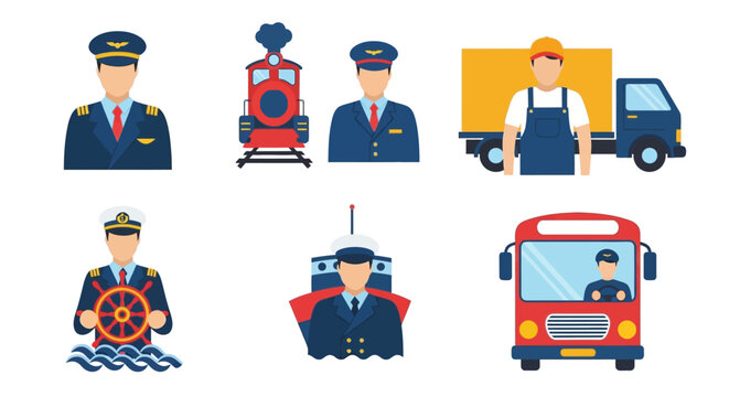 Collection of flat design vector icons featuring various transportation professionals pilot, train operator, delivery driver, ship captain, and bus driver