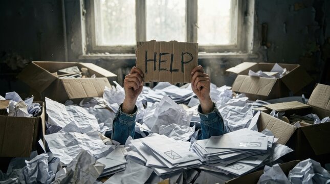 A person is buried under a mountain of papers and mail in an office, holding up a sign that reads "HELP".