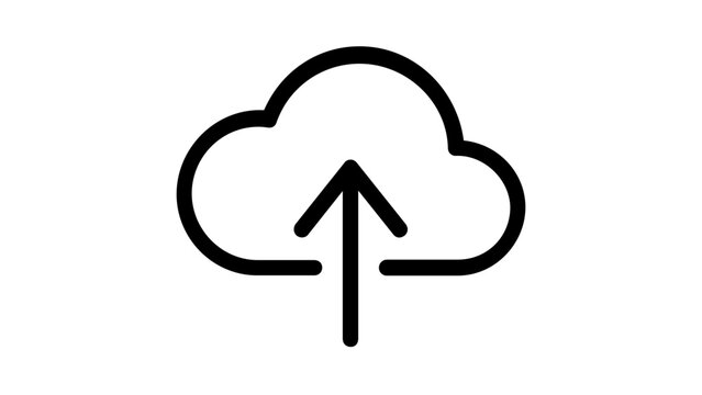 Minimalist cloud upload vector icon illustration featuring a black outline of a cloud with an upward arrow, perfect for web design, data storage, digital backup, and cloud computing concepts.