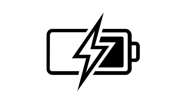 Minimalist battery charging vector icon illustration. Sleek black and white flat design of a power cell with a lightning bolt symbol representing energy, electricity, and mobile device status.