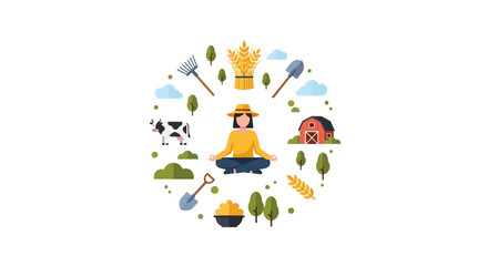 Fototapeta premium Farmer Meditating in Harmony with Nature and Agriculture Icons: Sustainable Lifestyle, Rural Wellbeing, and Food Production Concept