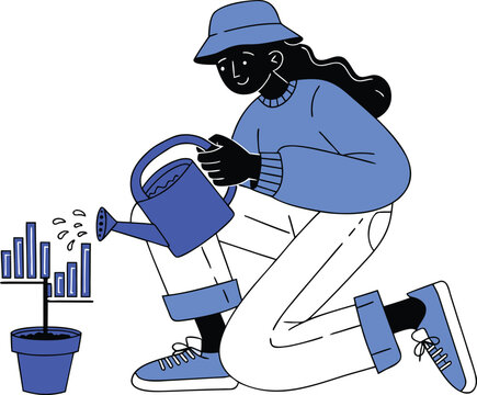 Woman Watering a Plant with Bar Chart Leaves for Business Growth