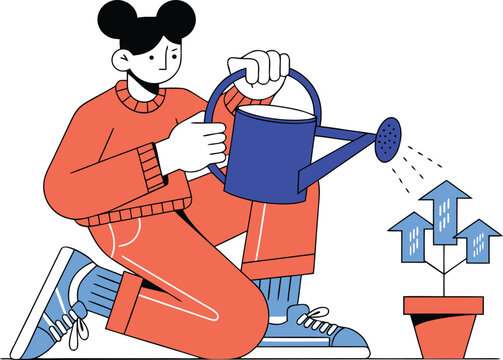 Person Watering a Plant with Arrow Leaves Symbolizing Business Growth
