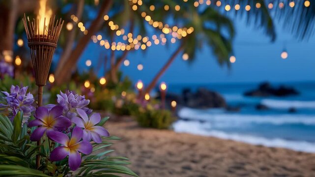 Perspective shot of tropical beach at dusk, tiki torches with floral decorations flickering in the breeze, string lights hanging from palm trees, warm ambient glow on sand, ocean w