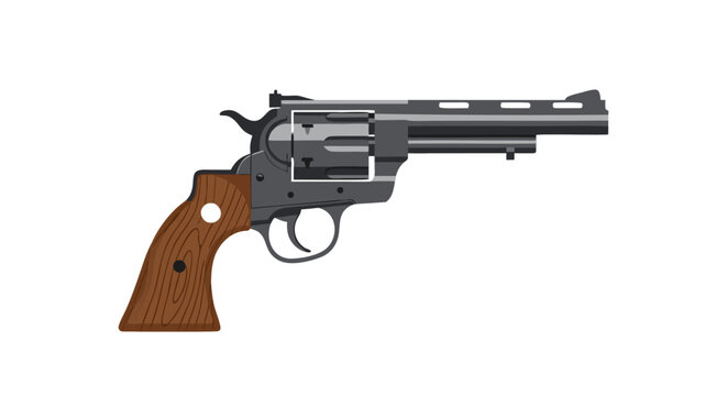 Revolver handgun with wooden grip displayed in side profile view