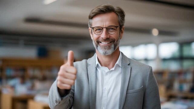 Professional education director smiling confidently and giving a thumbs-up gesture in a school classroom, soft depth of field, books and classroom elements subtly visible, neutral
