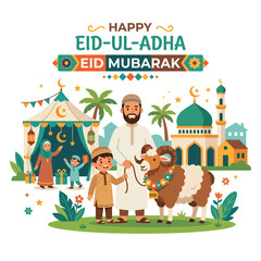Naklejka premium Muslim family with ram and mosque celebrating eid ul adha festival eid mubarak
